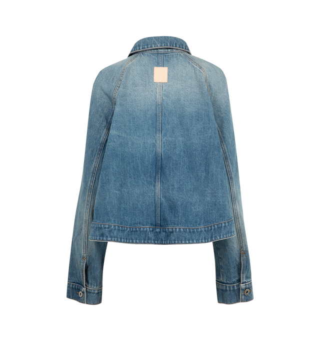 Image 2 of 3 - BLUE - LOEWE Trapeze Jacket in medium-weight cotton denim featuring a trapeze silhouette with raglan sleeves, regular fit, short length, classic collar, button front fastening, buttoned cuffs, buttoned chest patch pockets, seam pockets and LOEWE Anagram embossed leather patch placed at the back. Cotton. Made in Italy. 