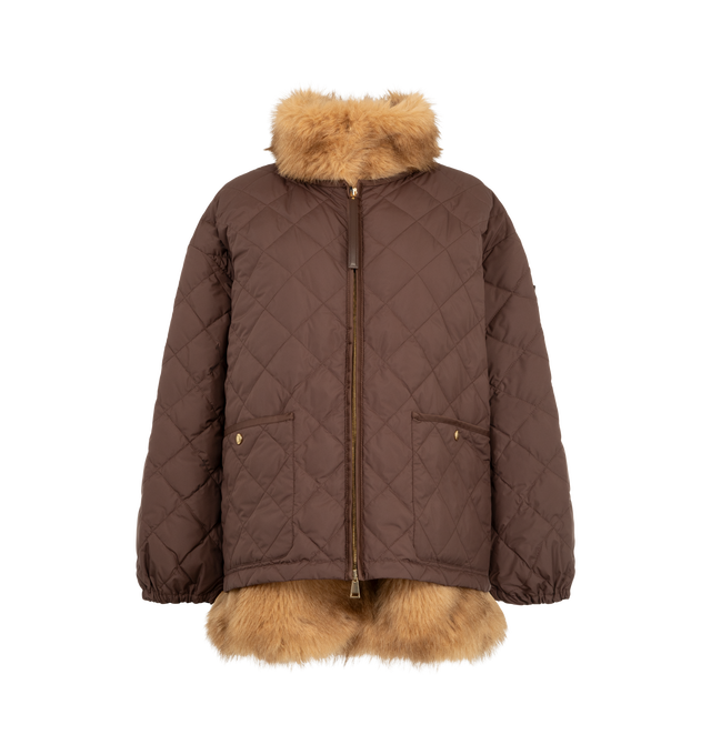 Image 1 of 4 - BROWN - Moncler Women's Chaleureux Short Down Jacket is a weightless layering piece with a 3-in-1 design. The down jacket is equipped with a detachable quilted outer coat, and a reversible faux fur vest that can layered together or seperately. Materials: Faux fur: 100% polyester; Shell: 100% polyester; tag: leather; Lining: 100% polyester; fill: 90% down/10% feathers. 