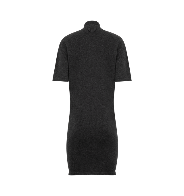 Image 2 of 2 - GREY - JACQUEMUS Castagna Knit Dress featuring short-sleeves, short fitted shape, soft wool cashmere knit, ribbed mock-neck, rounded shoulder pads, elbow-length sleeves, relaxed waistline and J loop on the back. 90% Merino wool, 10% polyamide. Made in Portugal. 