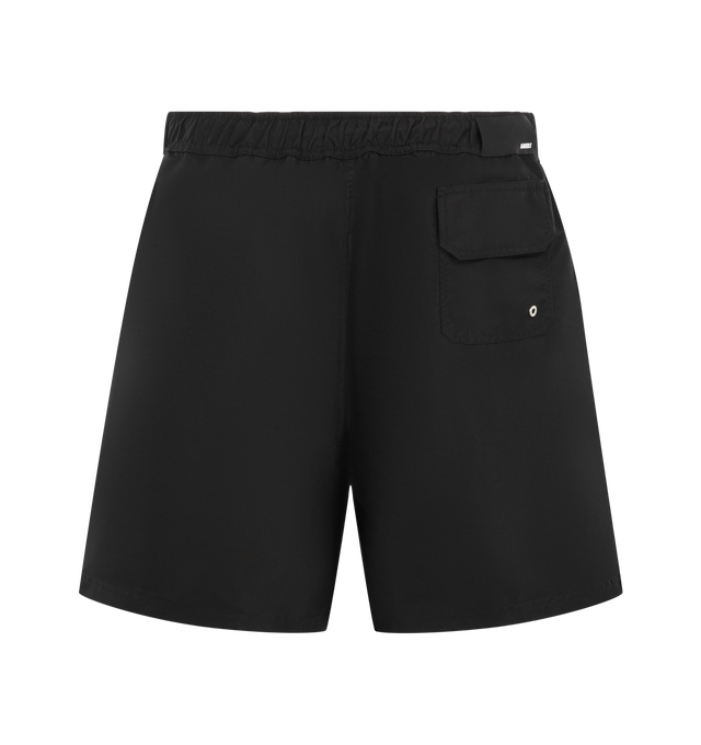 Image 2 of 3 - BLACK - Amiri Mens Logo Swim Trunks are crafted from lightweight technical fabric. Feature an elasticized waistband with adjustable drawcord, side seam pockets, and a relaxed fit. Main Material: 100% Polyester. Made in Bangladesh. 