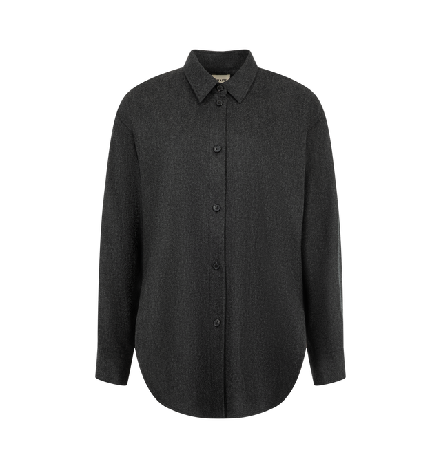 Image 1 of 2 - BLACK - Khaite Women's Wool Cashmere Shirt is crafted from lightweight Italian wool-cashmere shirting and features an oversized silhouette, a cutaway collar inspired by classic menswear, and a button-front closure. Designed with side seams that accentuate its rounded shape, the style is finished with dropped shoulders, a back yoke, structured single-button cuffs, and a hem that falls longer at the back. Main Material: 90% Virgin Wool, 8% Cashmere, 2% Elastane. Made in Italy. 