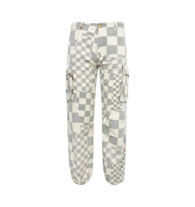 Image 1 of 3 - GREY - ERL Printed Cargo Pants featuring check pattern printed, belt loops, concealed drawstring at waistband and cuffs, four-pocket styling, zip-fly, cargo pocket at outseams, logo embroidered at back leg and logo-engraved antiqued copper-tone hardware. 100% cotton. Made in Portugal. 