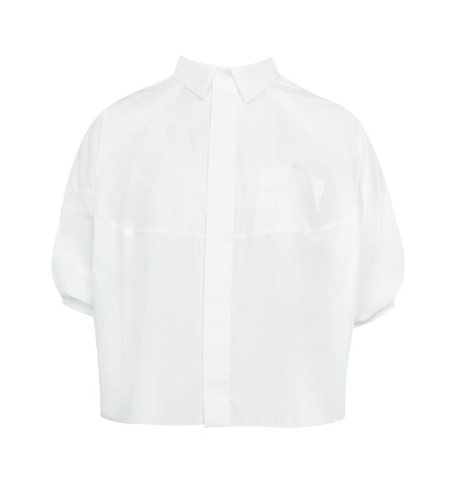 WHITE - SACAI Cotton Poplin Shirt featuring spread collar, concealed button closure, patch pocket at chest, shirttail hem, puff sleeves, box pleat at back yoke, partial mesh lining and logo-engraved mother-of-pearl hardware. 65% polyester, 35% cotton.