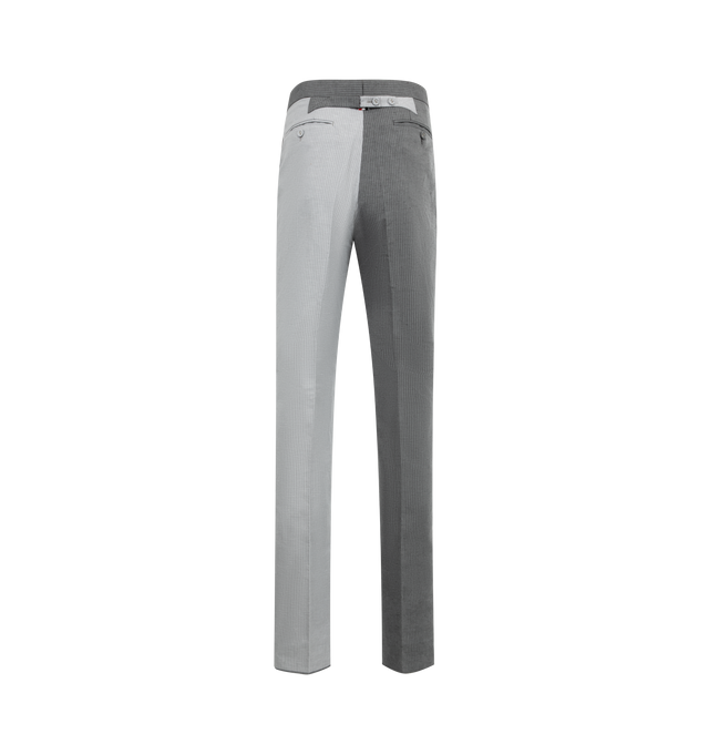 Image 2 of 3 - GREY - THOM BROWNE Tonal University Stripe Trouser featuring two contrasting grey tones, luxurious linen-cotton fabric, tab front closure, button-fastening, back welt pockets, adjustable buttoned backstrap and signature striped grosgrain loop tab. 60% linen, 40% cotton. Lining: 100% cupro. Made in Italy. 