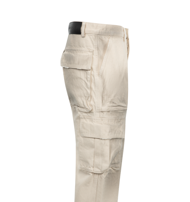 Image 3 of 3 - WHITE - NAHMIAS X HIRSHLEIFERS Dirty White Logo Cargo Pants featuring classic denim, logo on back waistband, cargo style, baggy fit and Nahmias button closure. 100% cotton.  