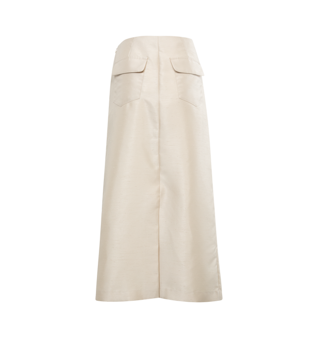 Image 2 of 4 - WHITE - ROSIE ASSOULIN Easy Straight Skirt featuring drawstring waist, 2 side slit pockets and 2 pack flap pockets, maxi length and back slit. 100% polyester.  