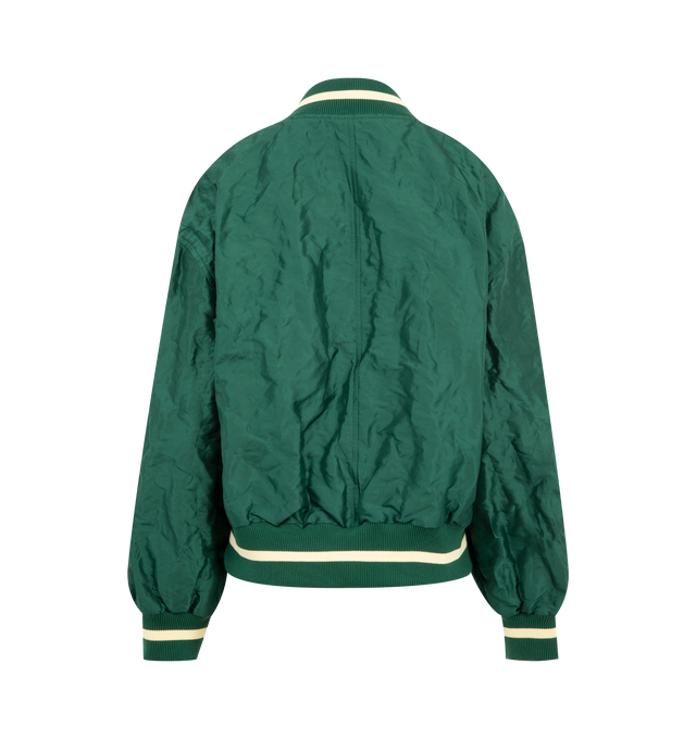 Image 2 of 3 - GREEN - LOEWE Bomber Jacket in lightweight crinkled technical taffeta featuring a striped rib knit collar, cuffs and hem, regular fit, regular length, zip front fastening, vertical snap button welt pockets, inside welt pockets, fully lined and double L embroidery placed on the chest. Polyester. Made in Italy. 