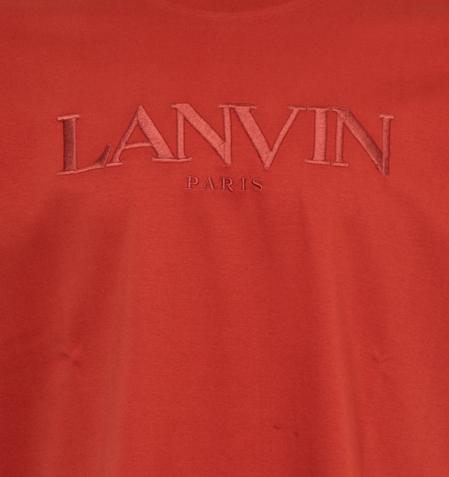 Image 2 of 2 - RED - LANVIN Logo T-Shirt featuring tone-on-tone Lanvin Paris logo embroidered on the front, classic cut, short sleeves and crewneck. 100% cotton. Made in Portugal. 