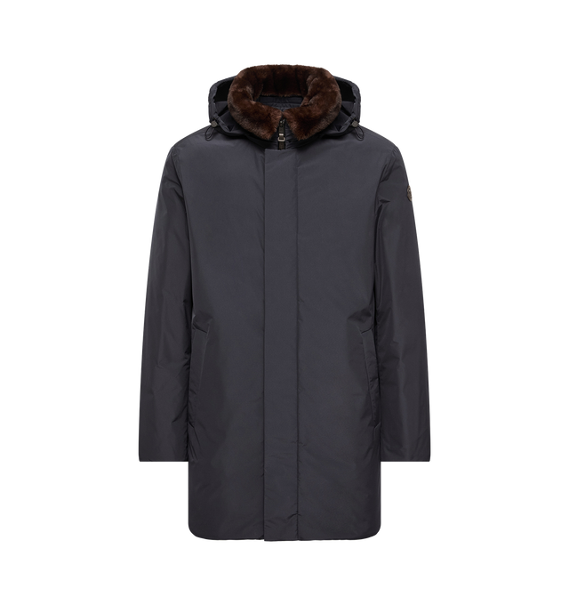 Image 1 of 1 - NAVY - Moncler Men's Okefen Parka Jacket is crafted from polyester and features a removable hood with drawstring adjustment, a faux fur-lined collar, and a two-way zip and snap-button front closure. Designed for cold-weather protection, it is insulated with traceable down and feather fill and finished with two front zip pockets, two interior pockets, and the brand's signature leather logo patch on the left sleeve. Main Material: 100% Polyester. Lining: 100% Polyester. Secondary Material: 100% 