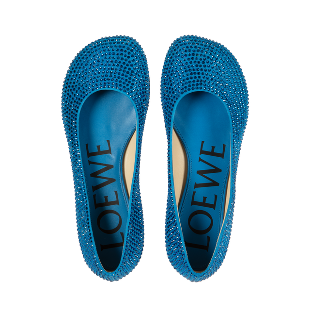 Image 4 of 4 - BLUE - LOEWE Toy Strass Ballerina Flats featuring suede kidskin and all over rhinestones featuring the LOEWE petal signature toe shape and leather sole. 