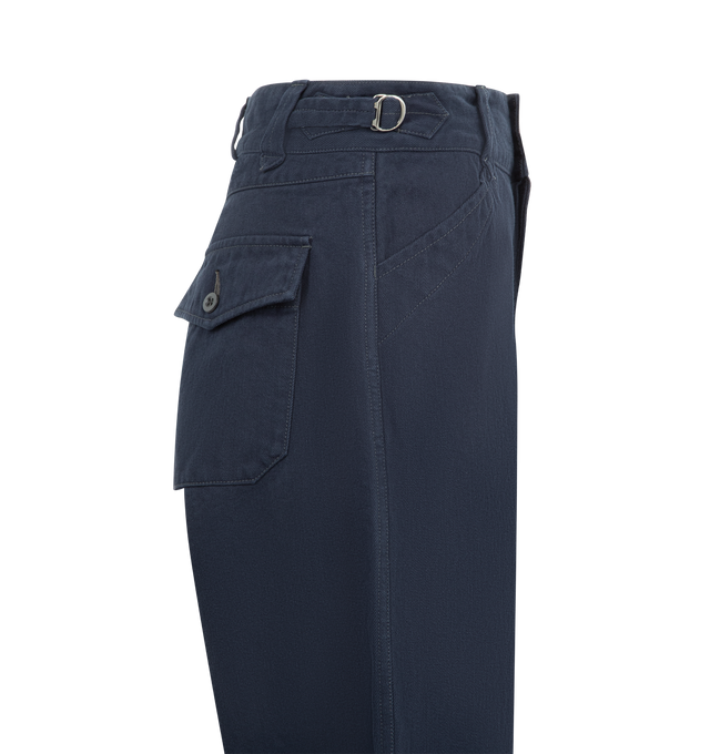Image 3 of 3 - NAVY - CHIMALA Drill Work Trousers featuring a wide-leg workwear fit with adjustable buckles at the side of the waist and double button closure above the front closure.  