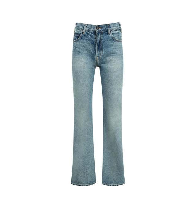 Image 1 of 3 - BLUE - NILI LOTAN Roe Jean featuring mid-rise, flare leg, Japanese non-stretch denim, fitted through hips, opens to a flare leg, zip fly, shank closure, five pocket detail and belt loops. 100% cotton. Made in USA. 