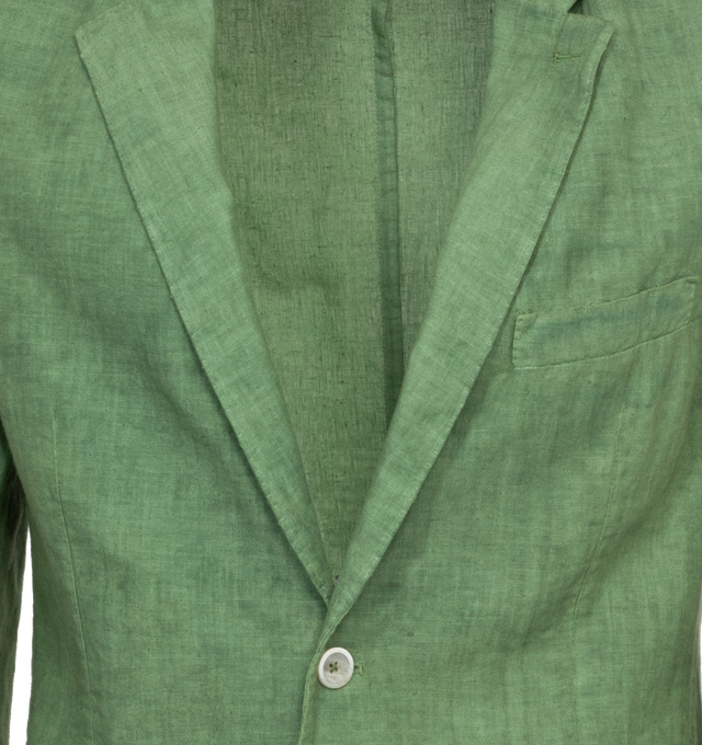 Image 3 of 3 - GREEN - 120% LINO Jacket featuring notch lapels, buttoned cuffs, chest pocket, two front patch pockets, button fastenings through front and back vent. 100% linen.  