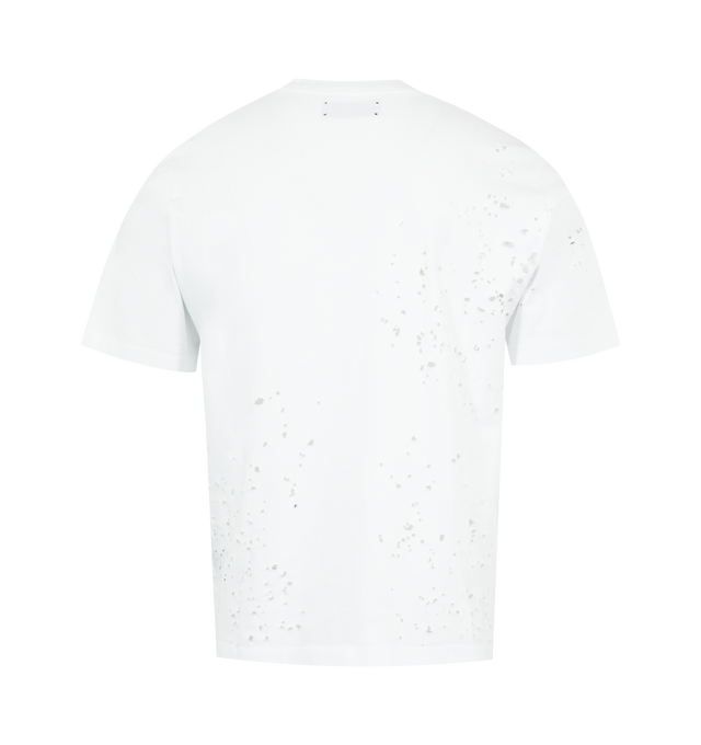 Image 2 of 2 - WHITE - AMIRI Film Shotgun T-Shirt featuring allover shotgun distressing, graphic on front, crew neckline, short sleeves, oversized fit and pullover style. 100% cotton. 