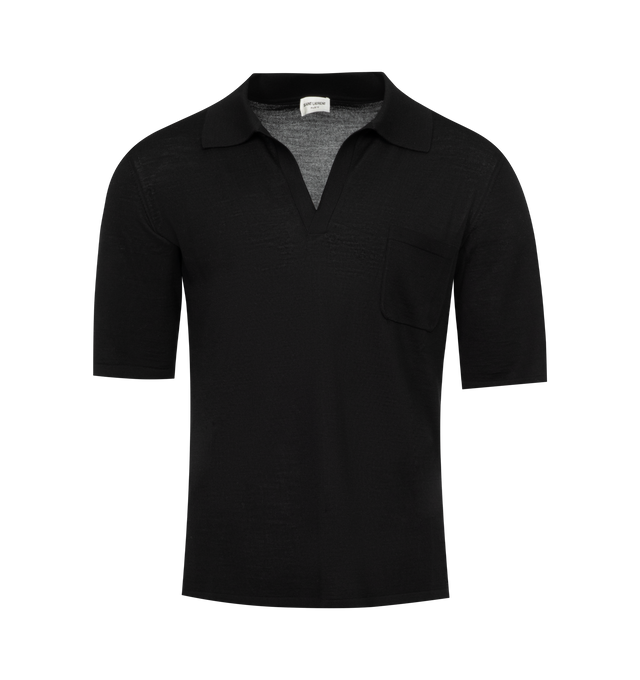 Image 1 of 2 - BLACK - SAINT LAURENT Polo Shirt featuring short sleeves, v neck, polo collar and patch pocket on chest. 100% wool.  