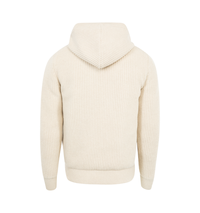 Image 3 of 4 - NEUTRAL - Moncler Reversible Padded Hoodie has an attached hood, a zip front closure, and side pockets. The cardigan reverses to a down-filled side or a wool and cashmere blend side. Lined. 99% wool, 10% cashmere. Made in Moldova.  