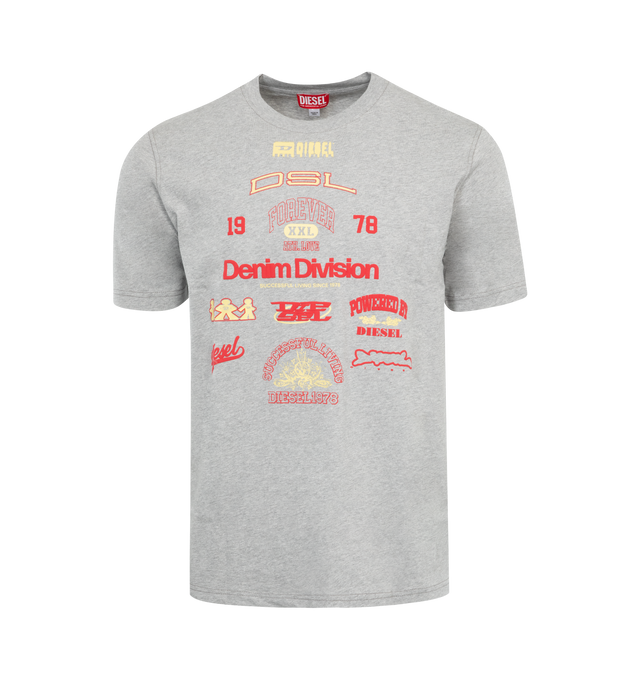 Image 1 of 2 - GREY - DIESEL T-Just-N14 T-shirt featuring regular-fit tee, organic cotton jersey, mixture of prints, proudly showcasing Diesel's range of iconic logos. 100% cotton. 