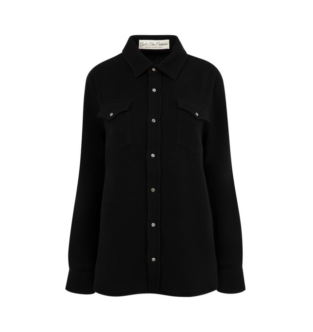 Image 1 of 2 - BLACK - GOD'S TRUE CASHMERE Cashmere Shirt featuring 11 hand-carved, gemstone snaps, Black Sunstone, long sleeves, classic collar and two front flap pockets on chest. 100% cashmere. Made in Italy. 