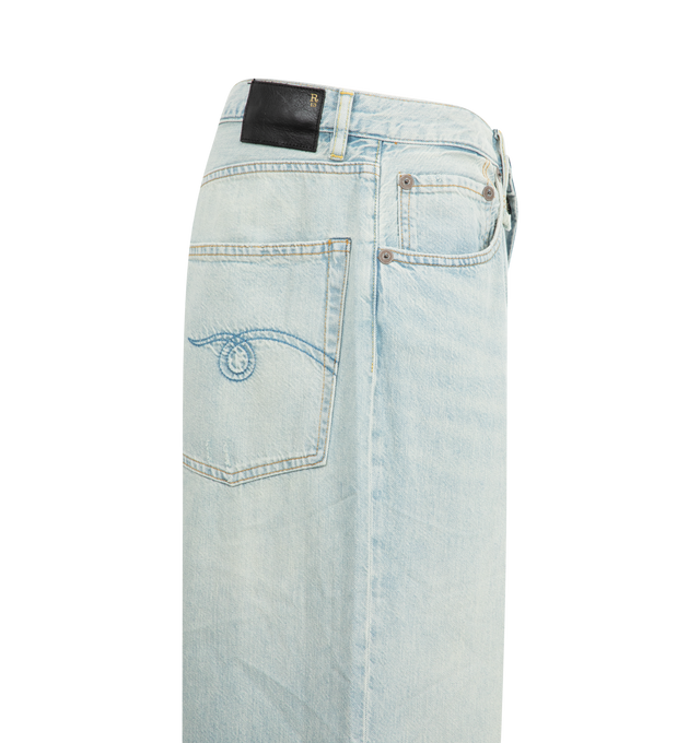 Image 3 of 3 - BLUE - R13 Damon Pleated Wide Leg Jeans featuring mid-weight, non-stretch denim, faded wash and worn edges, pleated front, button closure and zip fly and 5-pocket styling. 100% cotton. Made in Italy. 