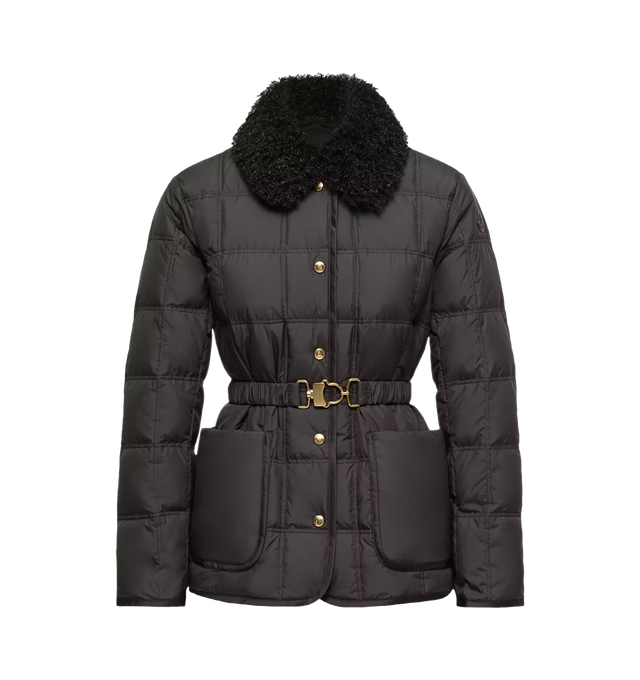 Image 1 of 1 - BLACK - Moncler Womens Cygnes Belted Short Down Jacket is a refined design offering warmth with an elegant silhouette. Crafted from polyester with a smooth matte finish and quilted construction, this down-filled style stands out for its contrast collar and defined shape. Features detachable plush collar, snap-button front closure, adjustable detachable belt, and patch pockets. Exterior: 100% Polyester; Lining: 100% Polyester; Padding: 90% Down, 10% Feather; Trim: Calf Leather. Made in Moldova 