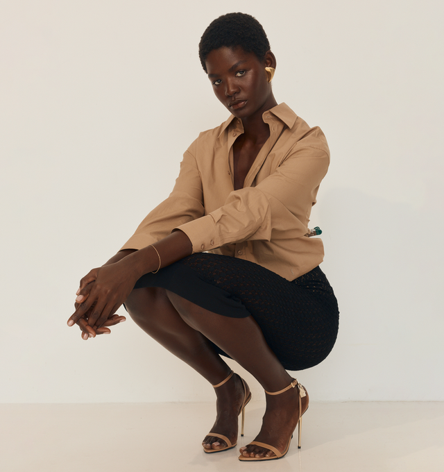 Image 4 of 7 - BROWN - TOM FORD Shiny Kid Pointy Naked Sandal featuring pointy toe shape, signature padlock metal hardware, 105mm metal spike heel, adjustable buckle ankle strap and buckles with engraved logo. Leather.  