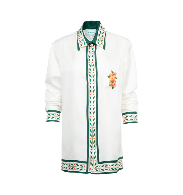 WHITE - CASABLANCA Classic Collar Long Sleeve Shirt featuring hidden front button closure, chest slip pocket with logo detail, button cuffs and lightweight charmeuse fabric. 100% silk. Made in Italy.