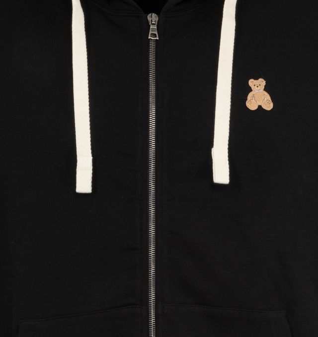 Image 3 of 4 - BLACK - Palm Angels Bear in Mind Zipper Hoodie has an attached drawstring hood, front zipper closure, ribbed trims, side pockets, and embroidery details. 100% cotton. Made in Turkey.  