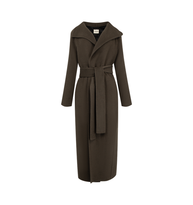Image 1 of 3 - BROWN - Khaite Women's Wrap Coat is crafted from double-face wool and features an elongated wrap silhouette with a high stand collar, raglan sleeves, and a self-tie sash belt for a refined, architectural look. This designer wool coat combines exceptional craftsmanship with seasonless versatility, while the double-faced construction creates a clean, sculptural finish ideal for elevated everyday layering. Main Material: 100% Double-Face Wool. 