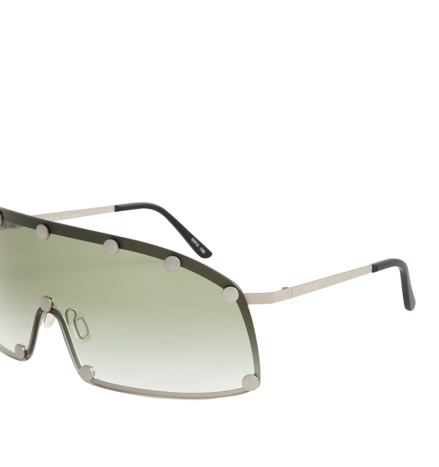 Image 3 of 3 - SILVER - Rick Owens Silver Shielding Sunglasses feature an aviator-style stainless steel frame with gradient green lenses and rivet detailing. Designed with adjustable rubber nose pads, rubber temple tips, and include a leather storage pouch. Frame Material: Stainless Steel. 100% UV protection. Made in Italy. 