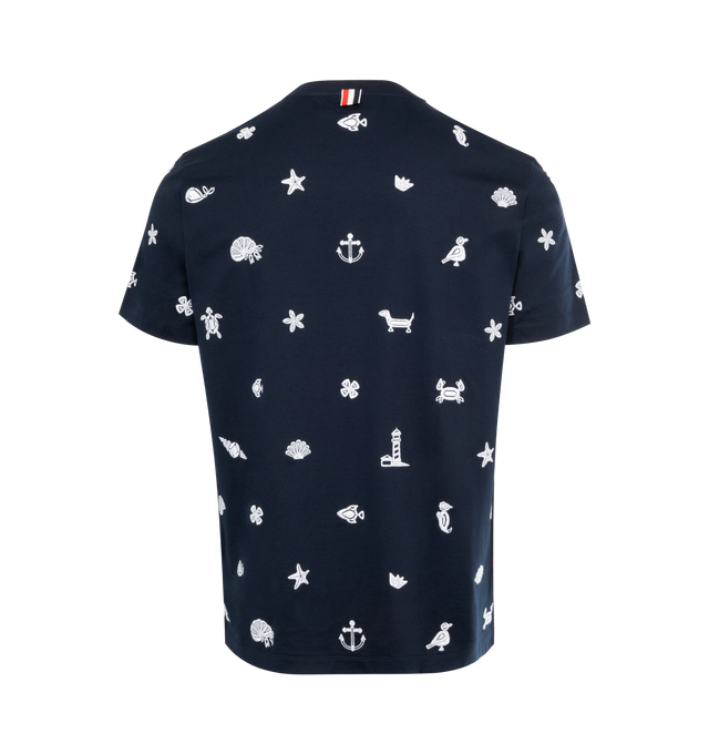 Image 2 of 2 - NAVY - THOM BROWNE Nautical Embroidered T-Shirt featuring crew neck, short sleeves, buttoned slits ad embroidery throughout. 100% cotton. 