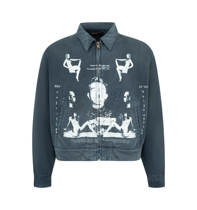 Image 1 of 3 - NAVY - ENFANTS RICHES DEPRIMES Initiation Into Nothingness Mechanics Jacket featuring zip front work jacket, washed cotton twill, spread collar, welt pockets at waist, button closure barrel cuffs, adjustable tabs at back waistband and printed artwork at front and back. Made in Japan. 