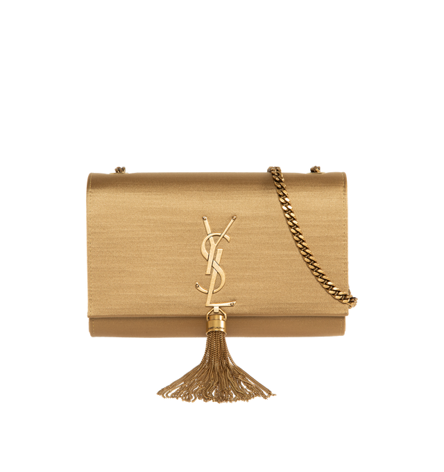 GOLD - SAINT LAURENT Kate Small Tassle Bag in Satin featuring cassandre and chain tassel, magnetic snap closure, one flat pocket and nappa leather lining. 7.9 X 4.9 X 2 inches. Strap drop: 22 inches. 70% cotton, 30% polyamide. 