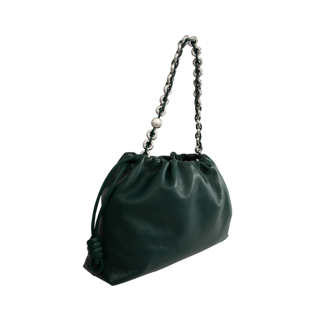 Image 2 of 4 - GREEN - Loewe Large Flamenco purse in deerskin featuring a ruched design complemented by signature knots at the sides, shoulder, crossbody or hand carry, detachable and adjustable leather strap, detachable donut chain with an Anagram Pebble, magnetic closure, suede lining and silver embossed LOEWE.Height 10.2 X Width 16.1 X Depth 3.5 inches. Made in Spain.  