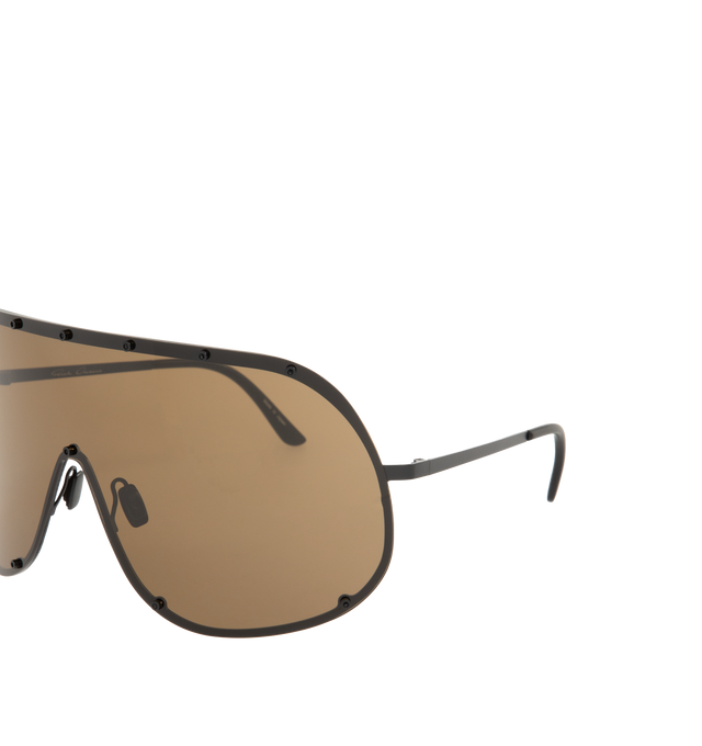 Image 3 of 3 - BLACK - RICK OWENS Shield Frame Sunglasses featuring rimless shield sunglasses, stud detail around lens, adjustable nose pads and capped earpieces. 100% UVA/UVB protection. Made in Japan. 