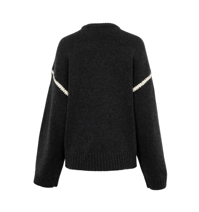 Image 2 of 3 - GREY - TOTEME Embroidered Wool Cashmere Knit featuring crew neck, long sleeves, drop shoulders, oversized, boxy fit and embroidered along the shoulders and armholes with contrasting thread. 88% wool, 10% cashmere, 2% cotton. 