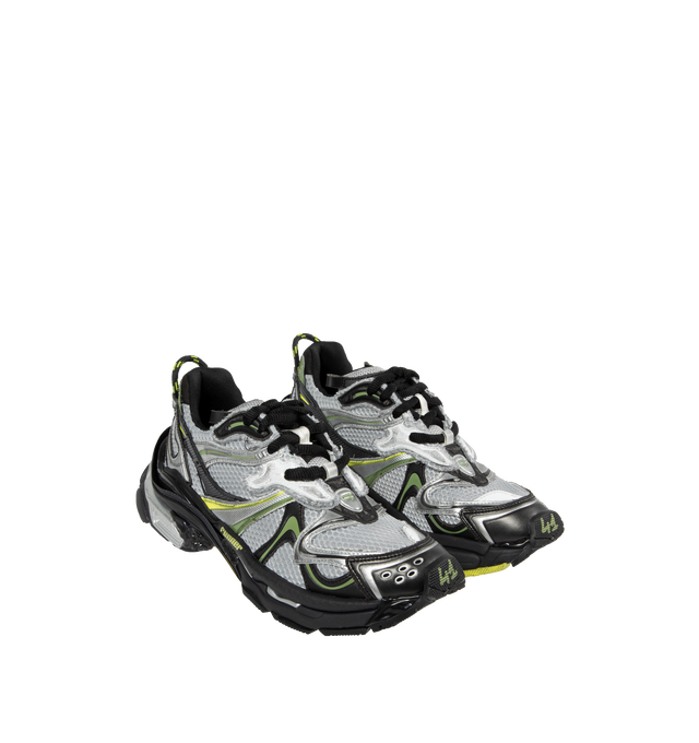 Image 2 of 5 - GREY - Balenciaga Men's Runner 2.0 Sneaker in silver, grey, kaki and neon yellow mesh, polyurethane and polyester.  Leather free style featuring worn-out effect, printed size at the edge of the toe, debossed size at back, runner logo printed on exterior, Balenciaga logo debossed on the tongue, and at the back of the heel, and back pull-on tab. Made in China. 