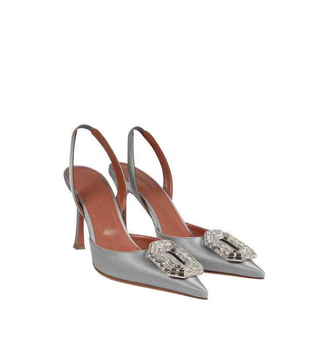 Image 2 of 4 - GREY - AMINA MUADDI Camelia Satin Heels featuring leather covered heel, satin upper, slingback strap with elastic insert, embellished with crystals, pointed toe, leather lining and insole and leather sole with rubber inserts. 100% silk. Made in Italy. 