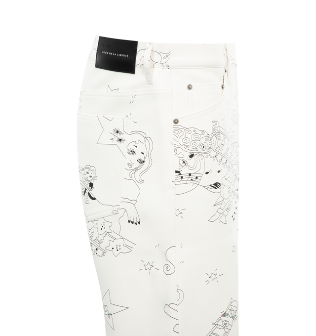 Image 3 of 3 - WHITE - COUT DE LA LIBERTE Zander Princess Leather Baggy Short featuring button front closure, 5 pocket styling, graphic throughout and wide leg. 100% lambskin. Made in USA. 