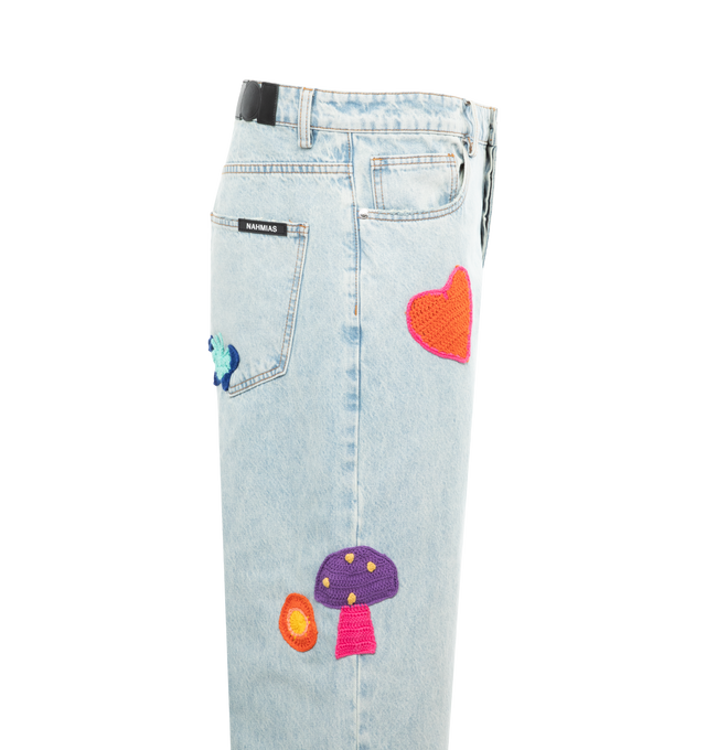 Image 3 of 3 - BLUE - NAHMIAS Crochet Patchwork Jeans featuring stonewashed, multiple knit patches, logo patch to the rear, embroidery, wide leg, belt loops, fly and button fastening and classic five pockets. 100% cotton. 