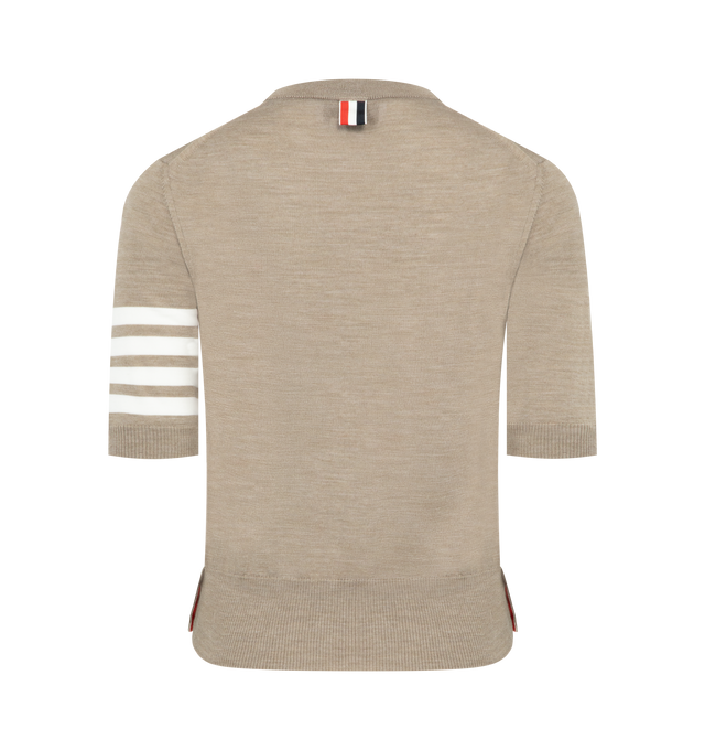 Image 2 of 3 - BROWN - THOM BROWNE Fine Merino Wool 4 Bar Tee featuring 4-Bar detailing, crew neck, lightweight merino wool, buttoned side vents with signature striped grosgrain trim and signature striped grosgrain loop tab. 99% virgin wool, 1% polyamide. Made in Italy. 