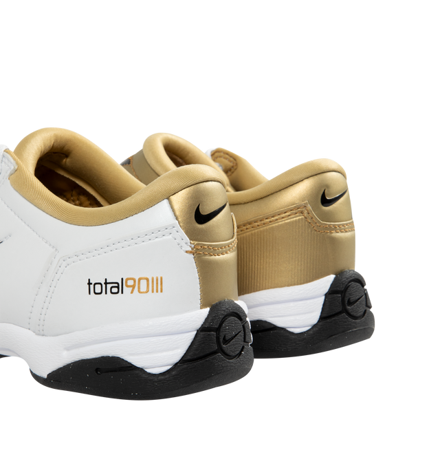 Image 3 of 5 - WHITE - NIKE Total 90 SP Sneaker featuring a flat gum rubber sole, quilted upper, asymmetrical lacing, glossy black and Metallic Gold accents and low profile. 
