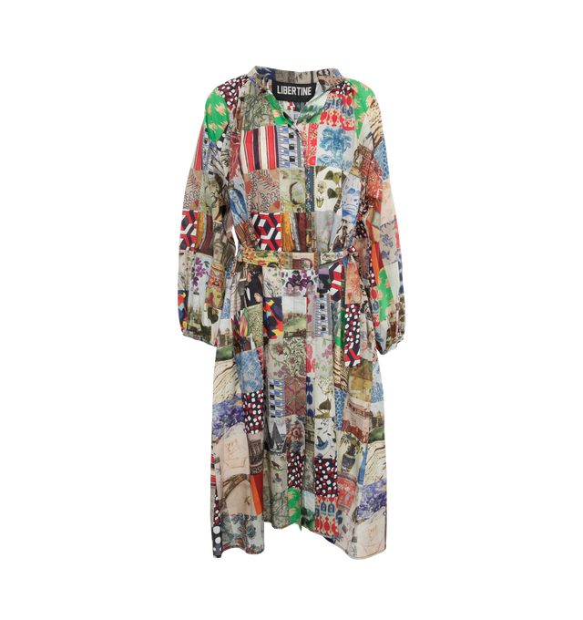 MULTI - LIBERTINE Bloomsbury Collage Linsey Dress featuring loose fit, self tie at the waist and front button closure. 100% cotton. Made in USA.