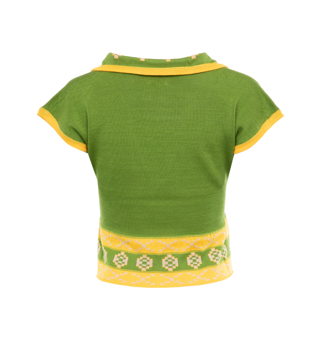 Image 2 of 3 - GREEN - BODE Wellfleet Jacquard Top featuring a fine-gauge knit cotton, short sleeves, v neck, spread collar and contrast trim. 100% cotton. Made in USA. 