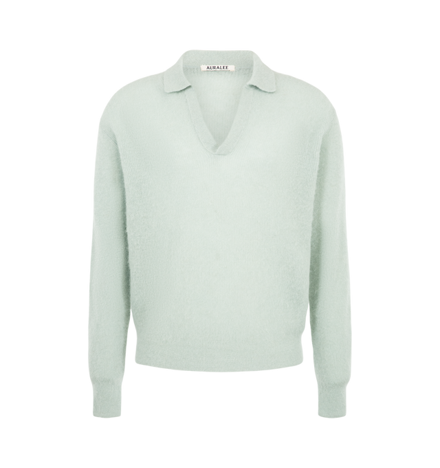 Image 1 of 2 - GREEN - Auralee Men's Baby Suri Alpaca Sheer Knit Skipper Polo is crafted from a luxurious baby Suri alpaca blend and features a relaxed-fit silhouette with an open skipper collar. Knit using a special tam yarn that gently binds the fibers without twisting, this refined style is carefully finished to enhance its delicate brushed texture, resulting in exceptional softness, lightness, and a sheer appearance. Main Material: 70% Alpaca, 30% Nylon.  