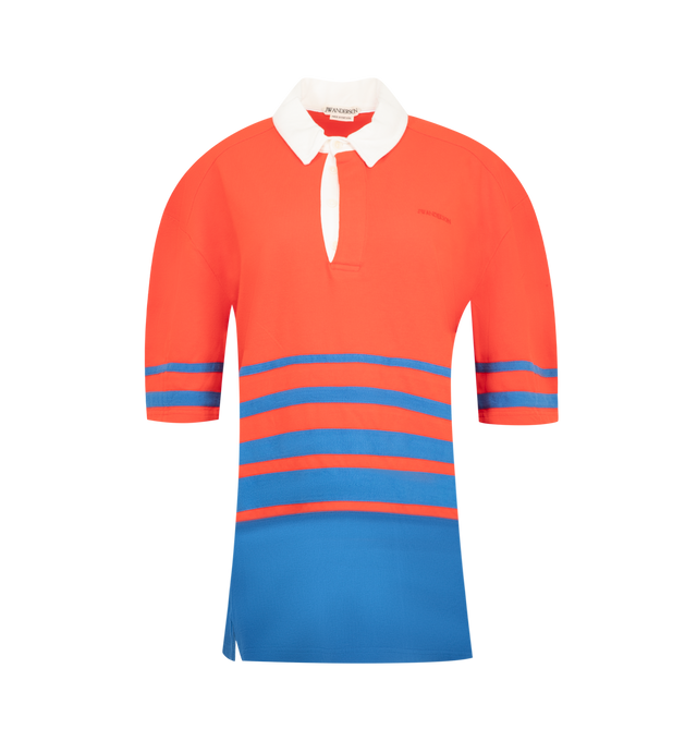 Image 1 of 2 - MULTI - JW Anderson Women's Short-Sleeved Striped Rugby Polo in red & blue cotton. In a relaxed fit, features an appliqu herringbone graduated stripe, a woven cotton twill collar and placket, and contrast wide hem panel. Finished with tonal embroidery anchor logo on the chest. Material: 100% Cotton. Made in Portugal. 