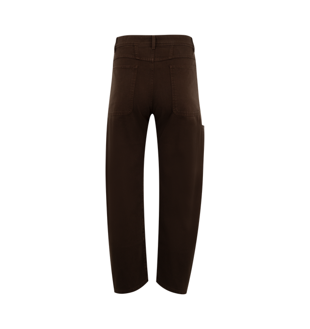 Image 2 of 4 - BROWN - LEMAIRE Twisted Workwear Pants featuring cotton denim, back patch pockets, belt loops, slash pockets, a single welt pocket on right leg, and button and zip-fly closure. 100% cotton. 