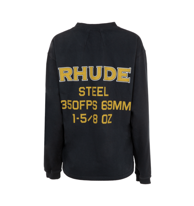 Image 2 of 4 - BLACK - Rhude Steel Long Sleeve T-Shirt has a crew neck, ribbed trims, dropped shoulders as well as a logo and text printed on the chest and back. 100% cotton. Made in Portugal.  