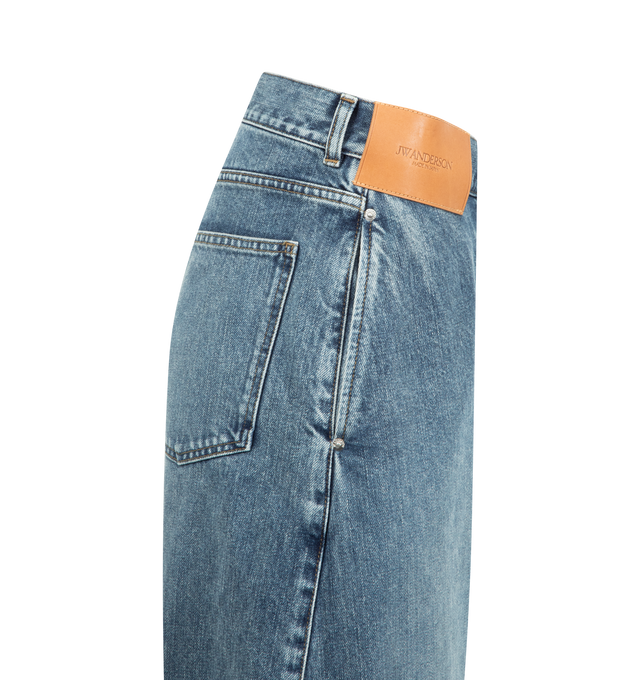 Image 3 of 3 - BLUE - JW ANDERSON Twisted Workwear Jeans featuring a large leather logo patch, anchor stitched pocket, engraved metal shank buttons, logo rivets and orange binding. 100% cotton. Made in Japan. 