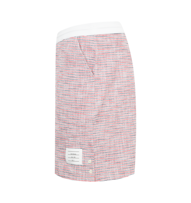 Image 3 of 3 - RED - Thom Browne Mid Thigh Tweed Summer Shorts have a drawstring waist, side pockets, a back patch pocket, a name tag applique, and a signature striped grosgrain loop tab. 100% cotton. Made in Italy.  