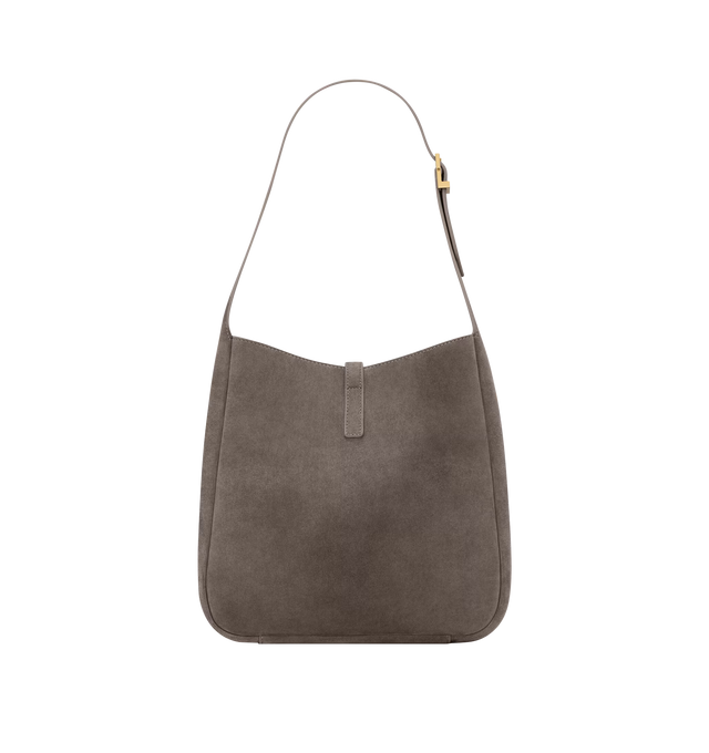 Image 3 of 4 - BROWN - SAINT LAURENT Le 5  7 Small Suede Bag featuring a removable zip pouch, leather tab closure decorated with the cassandre, adjustable strap, cotton lining and bronze-tone hardware. 9" x 8.7" x 3.1". Strap drop: 8.3". Calfskin. Made in Italy. 